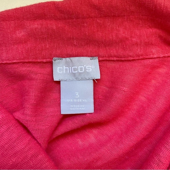 Chico’s 100% Linen Hot Pink Collared Split Neck Cap Sleeve Top 3 Xlarge Women’s - Picture 8 of 10